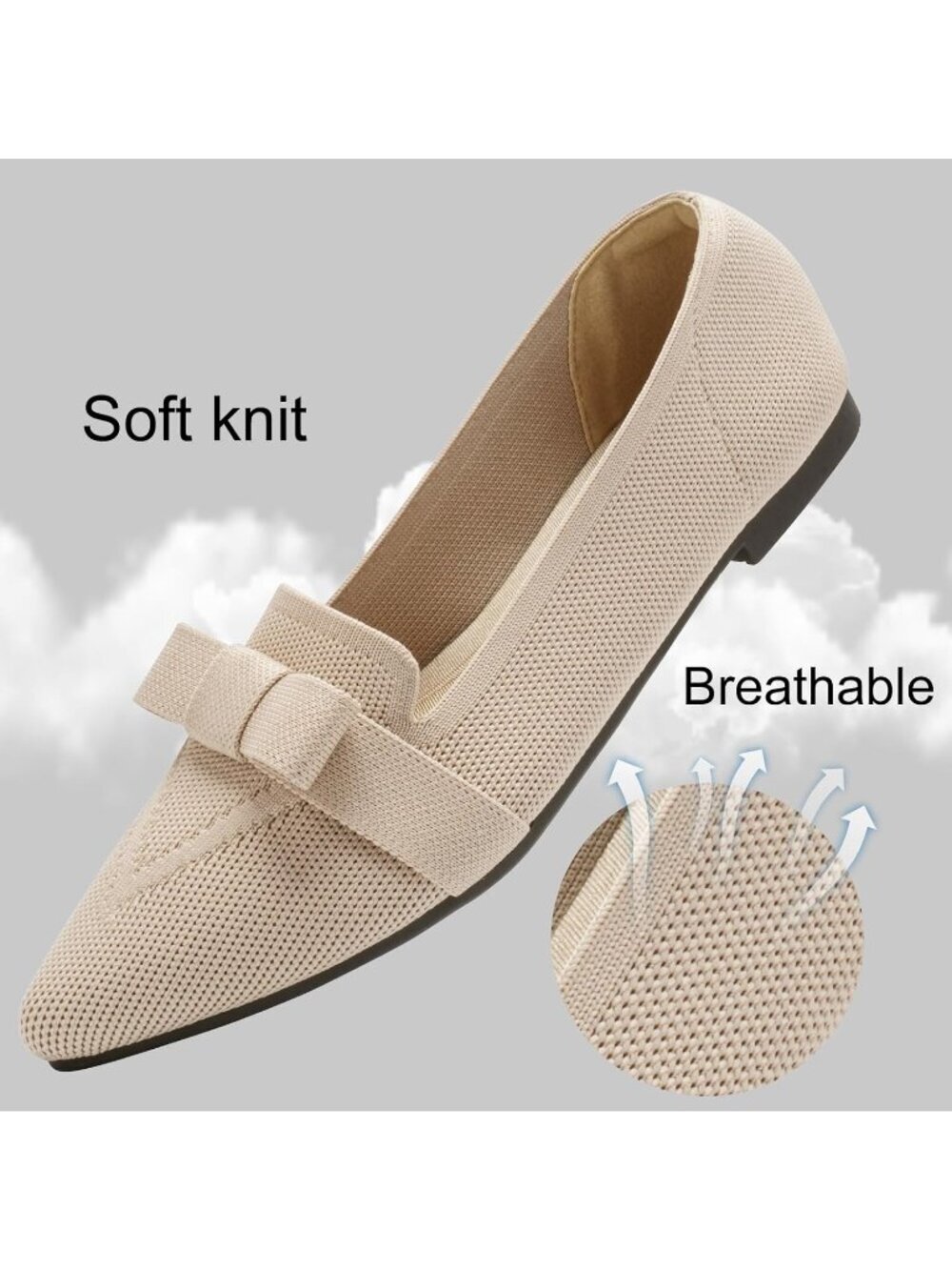 Women's Nude Knit Pointed Toe Casual Slip On Mesh Breathable Comfortable Flats - Picture 5 of 6